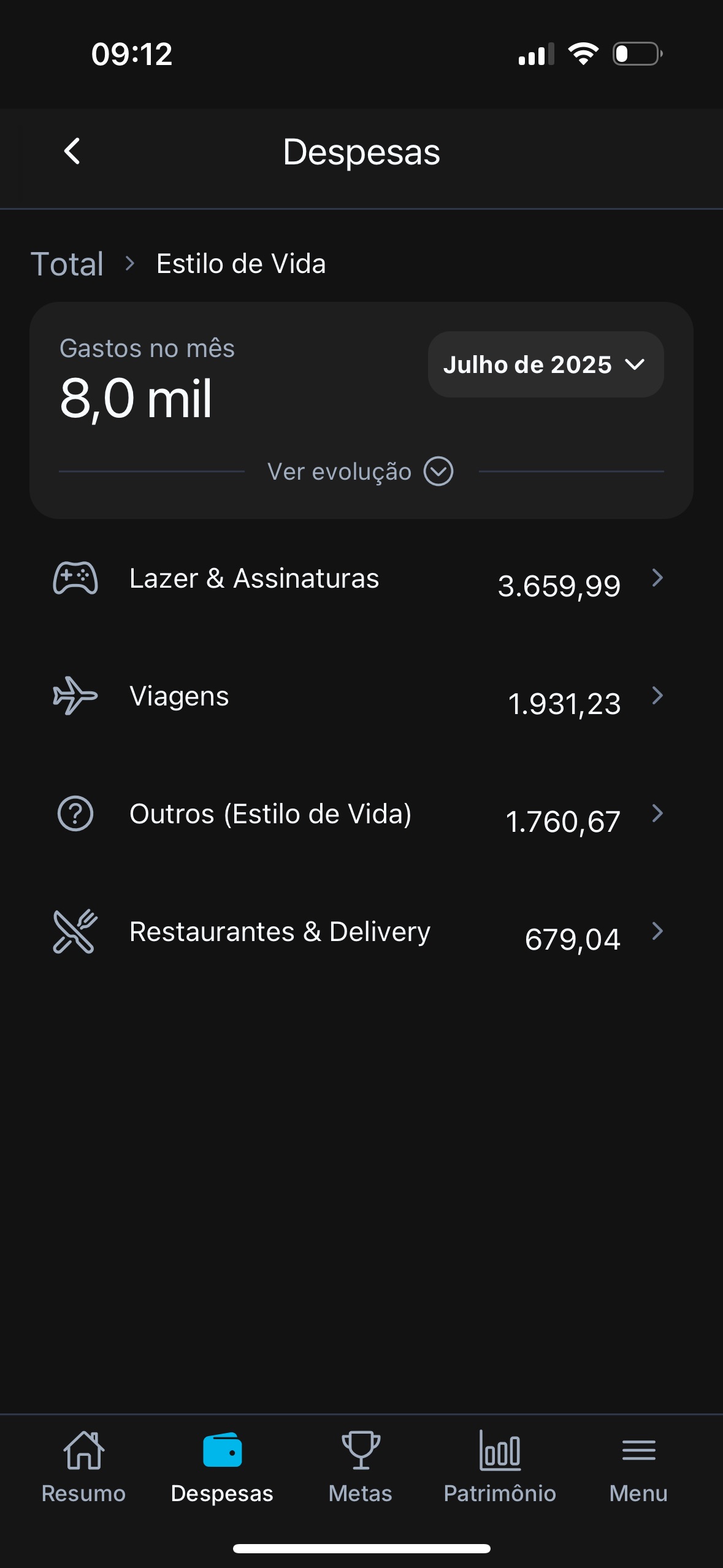 Tela do aplicativo mostrando categorias